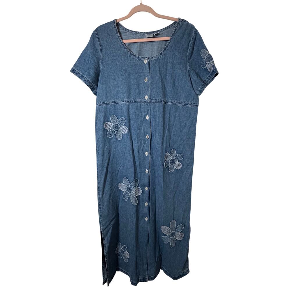 Md Vtg Bleu Bayou Y2k Denim Maxi Dress Embroidered Floral Cottagecore Americana